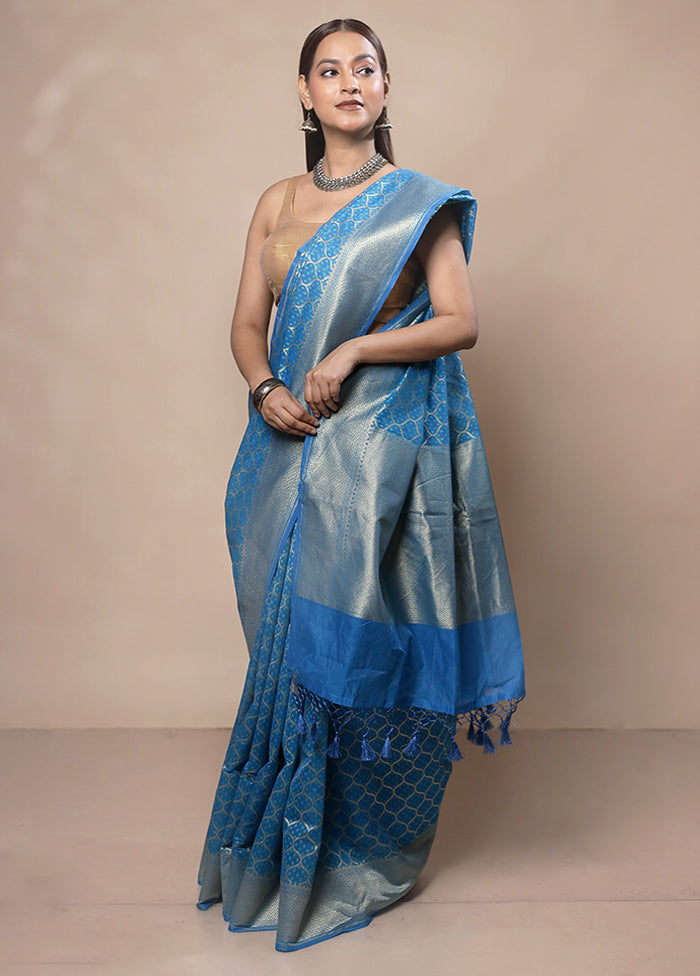 Blue Kora Silk Saree With Blouse Piece