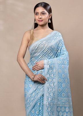 Sky Blue Kora Silk Saree With Blouse Piece