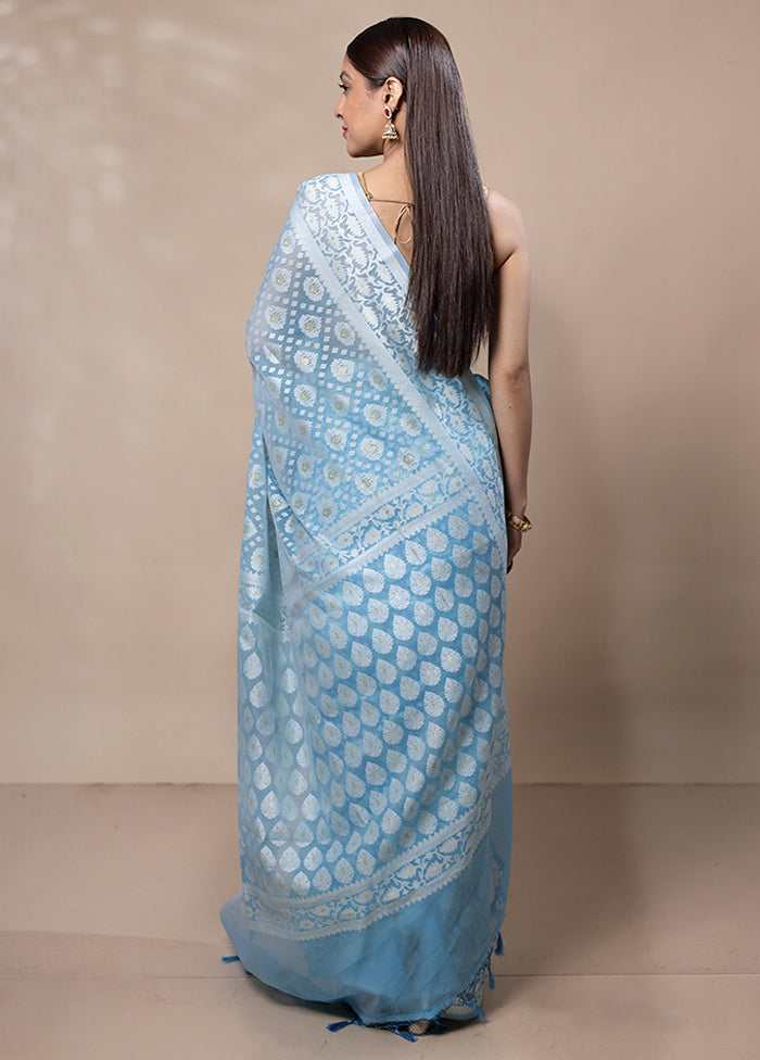 Sky Blue Kora Silk Saree With Blouse Piece