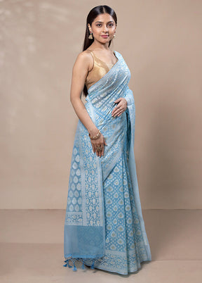 Sky Blue Kora Silk Saree With Blouse Piece