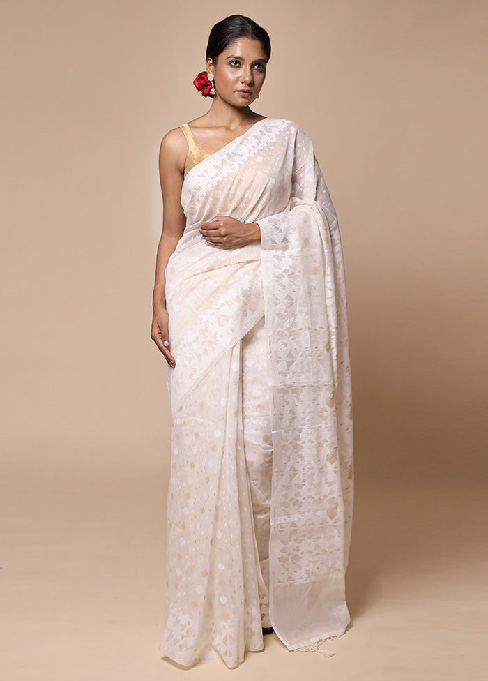 White Kora Silk Saree With Blouse Piece