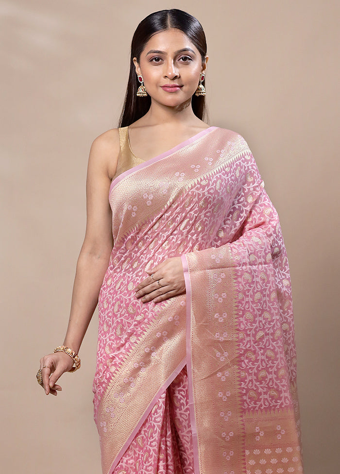 Pink Kora Silk Saree With Blouse Piece