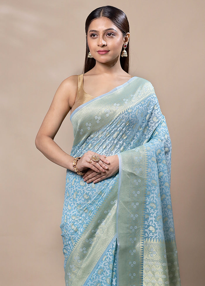 Sky Blue Kora Silk Saree With Blouse Piece