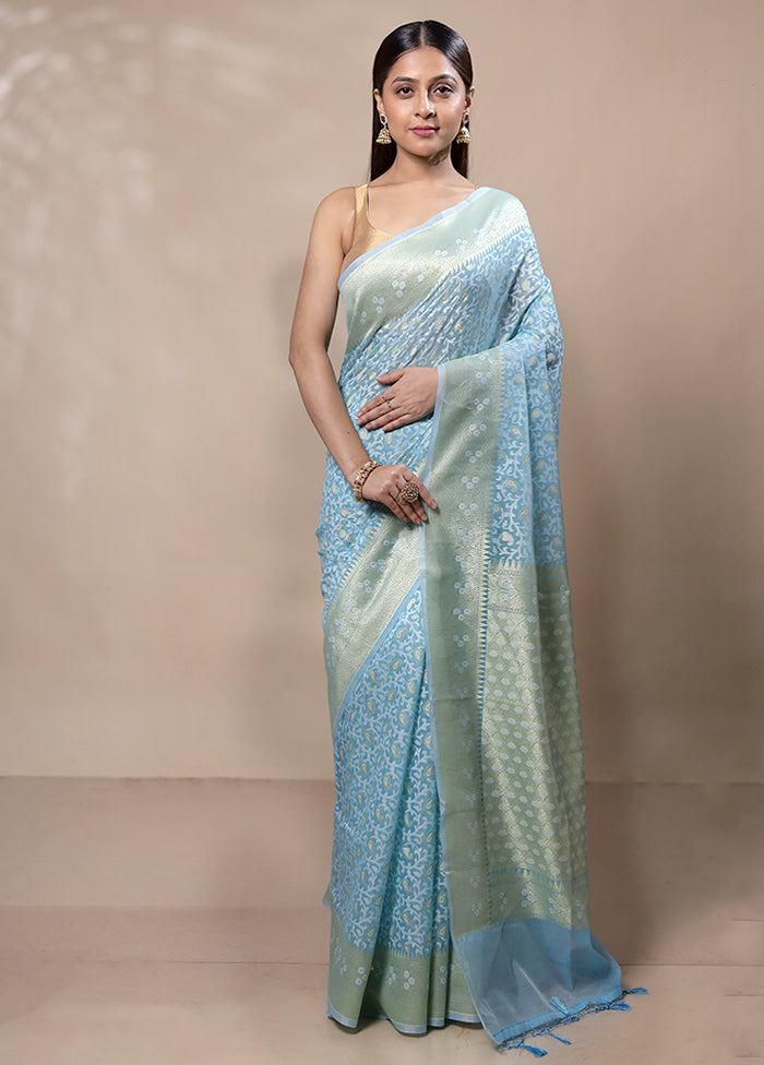 Sky Blue Kora Silk Saree With Blouse Piece