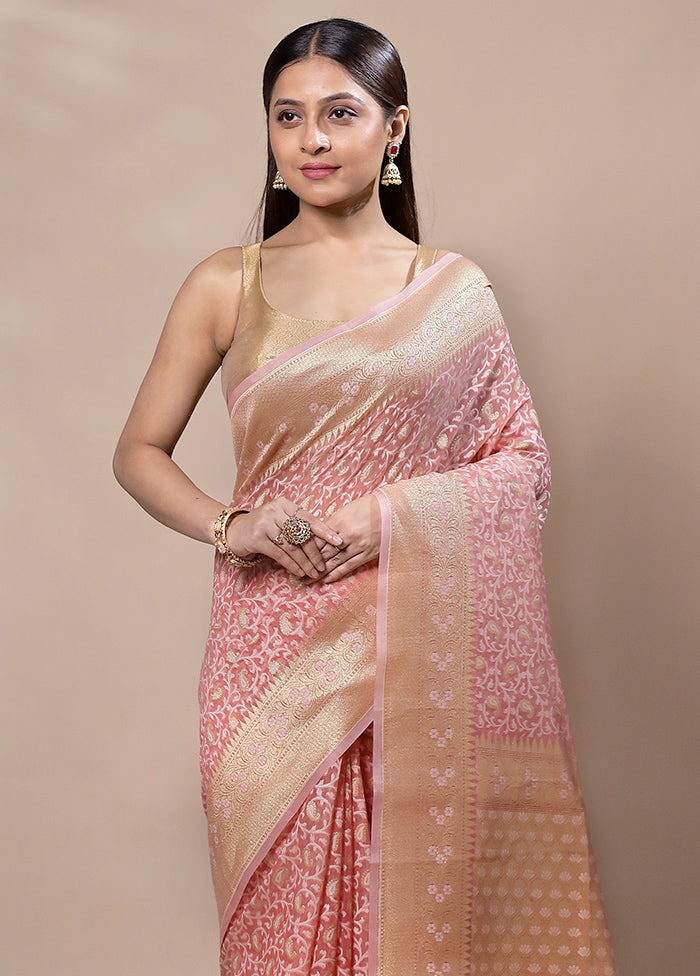 Peach Kora Silk Saree With Blouse Piece