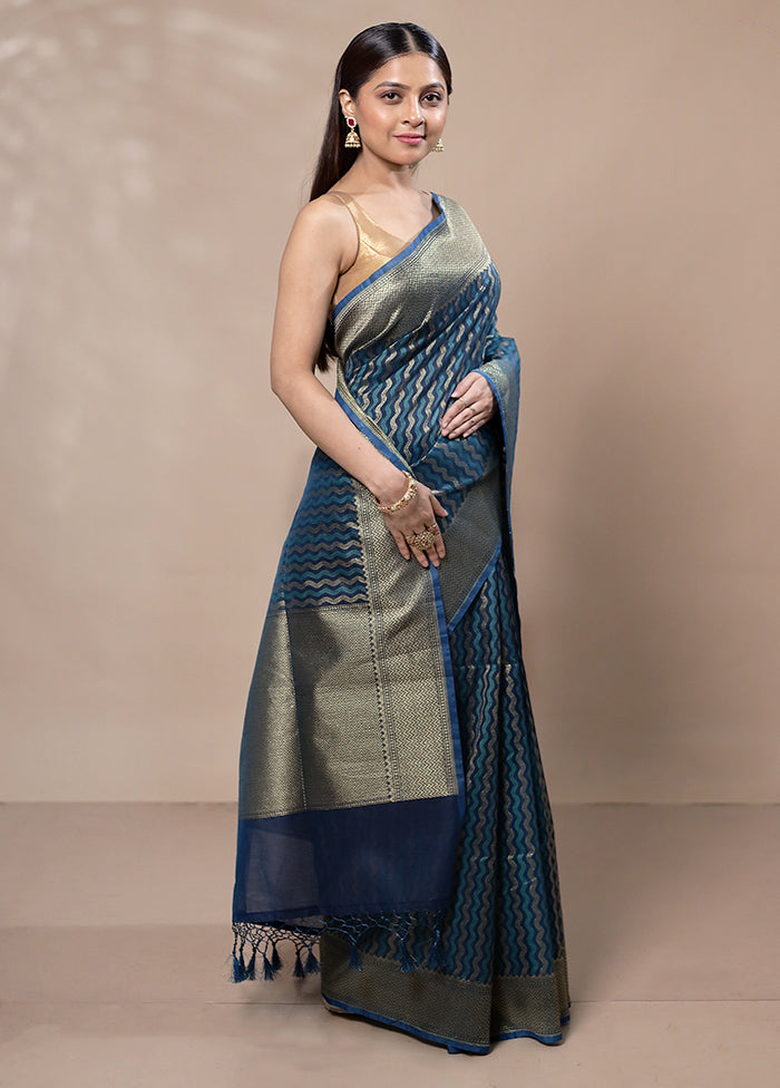 Blue Kora Silk Saree With Blouse Piece