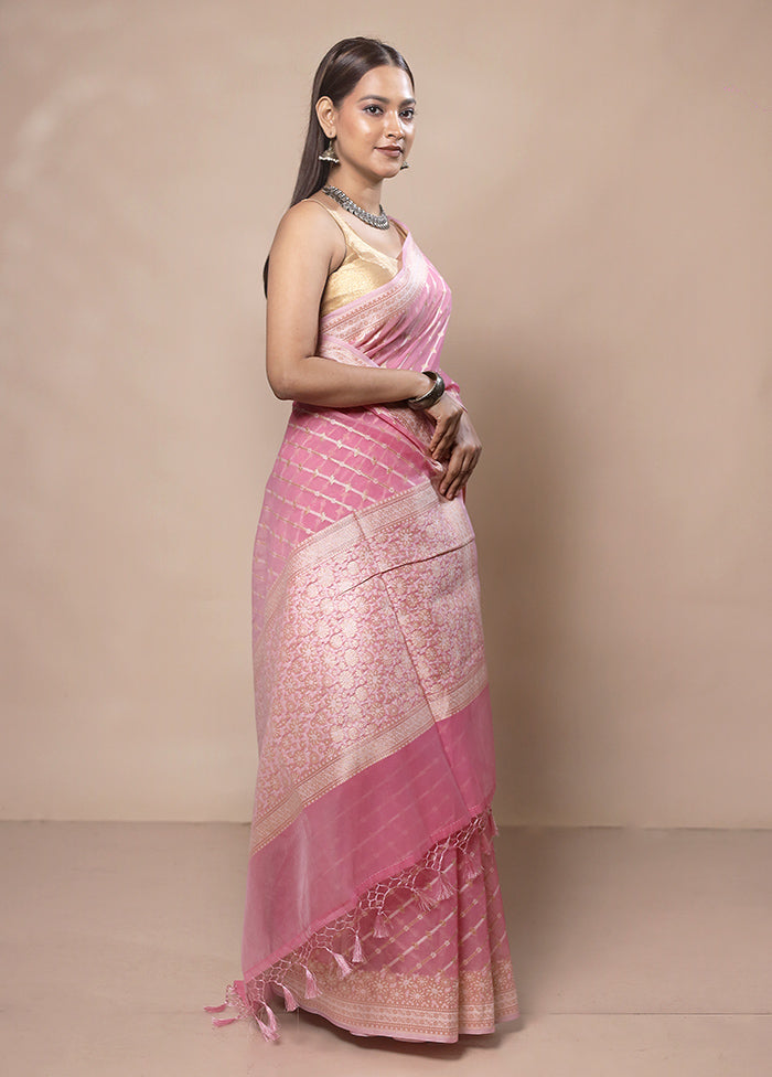 Pink Kora Silk Saree With Blouse Piece