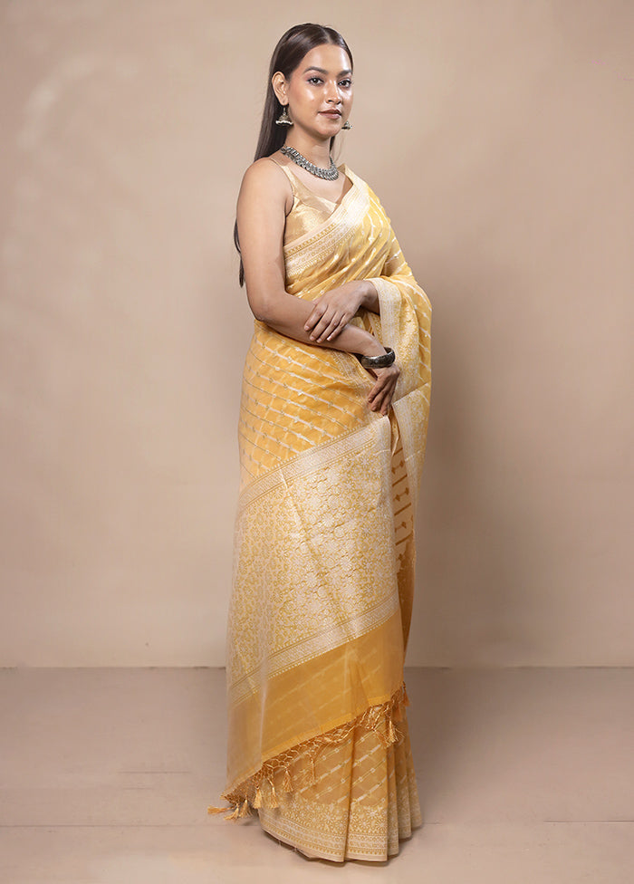 Yellow Kora Silk Saree With Blouse Piece