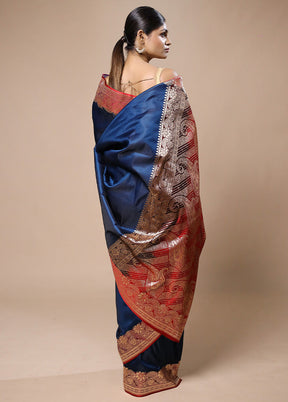 Blue Banarasi Silk Saree With Blouse Piece