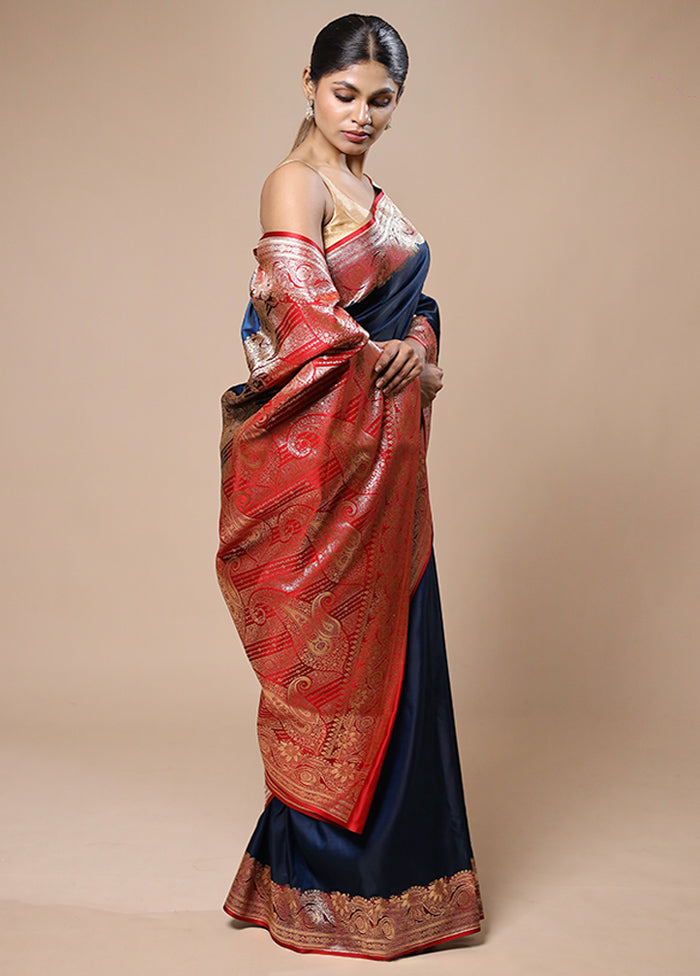 Blue Banarasi Silk Saree With Blouse Piece