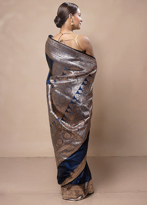 Navy Blue Banarasi Silk Saree With Blouse Piece