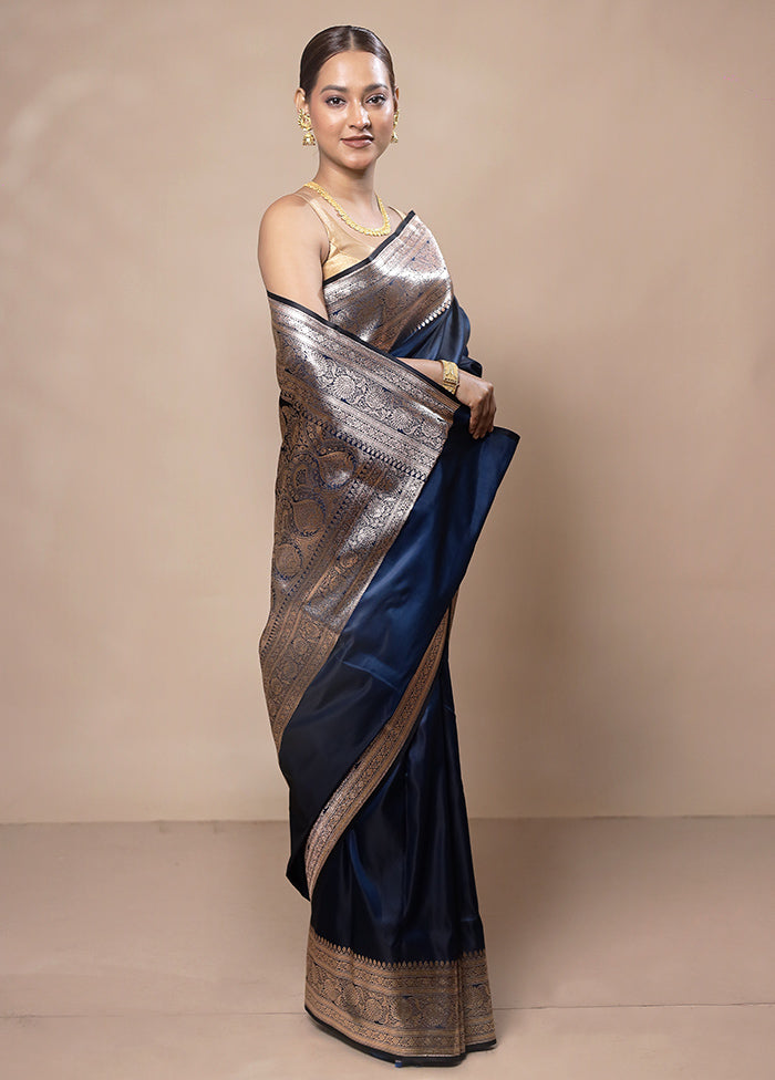 Navy Blue Banarasi Silk Saree With Blouse Piece