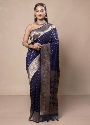 Navy Blue Dupion Silk Saree With Blouse Piece