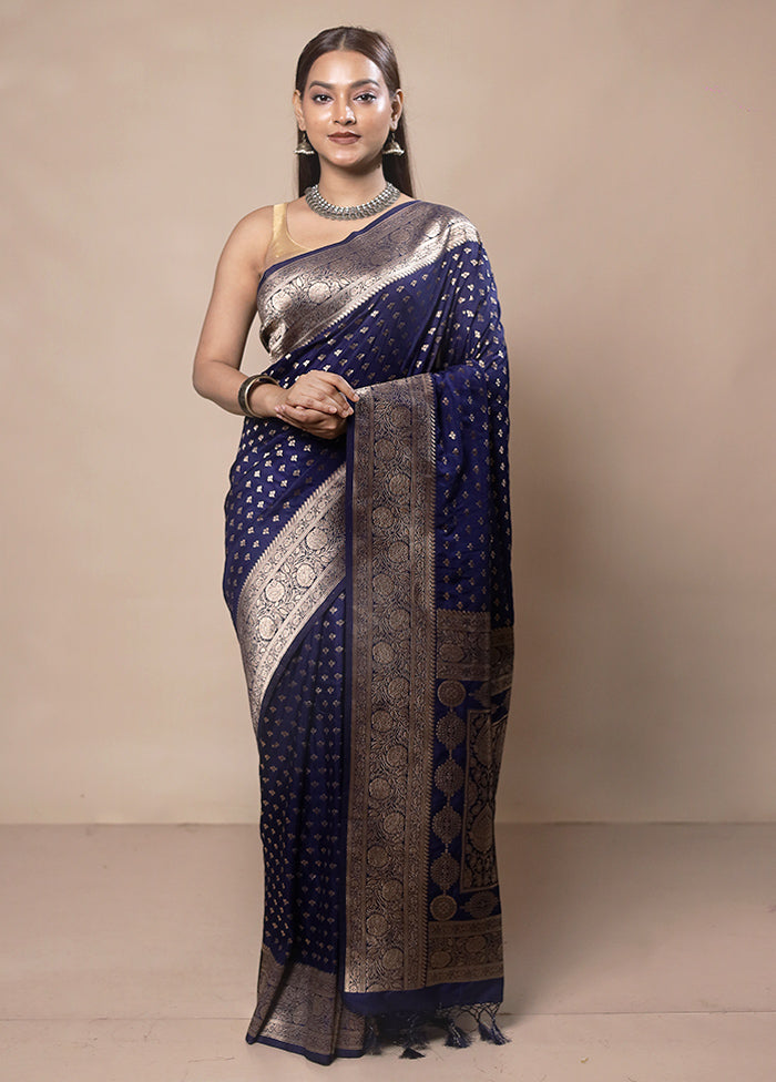 Navy Blue Dupion Silk Saree With Blouse Piece