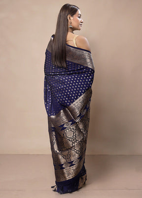 Navy Blue Dupion Silk Saree With Blouse Piece