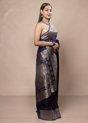 Navy Blue Dupion Silk Saree With Blouse Piece