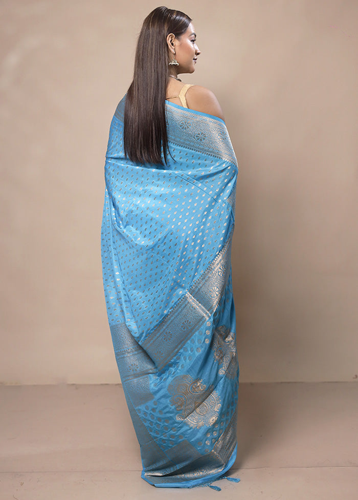 Blue Dupion Silk Saree With Blouse Piece