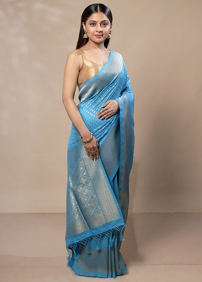 Blue Dupion Silk Saree With Blouse Piece