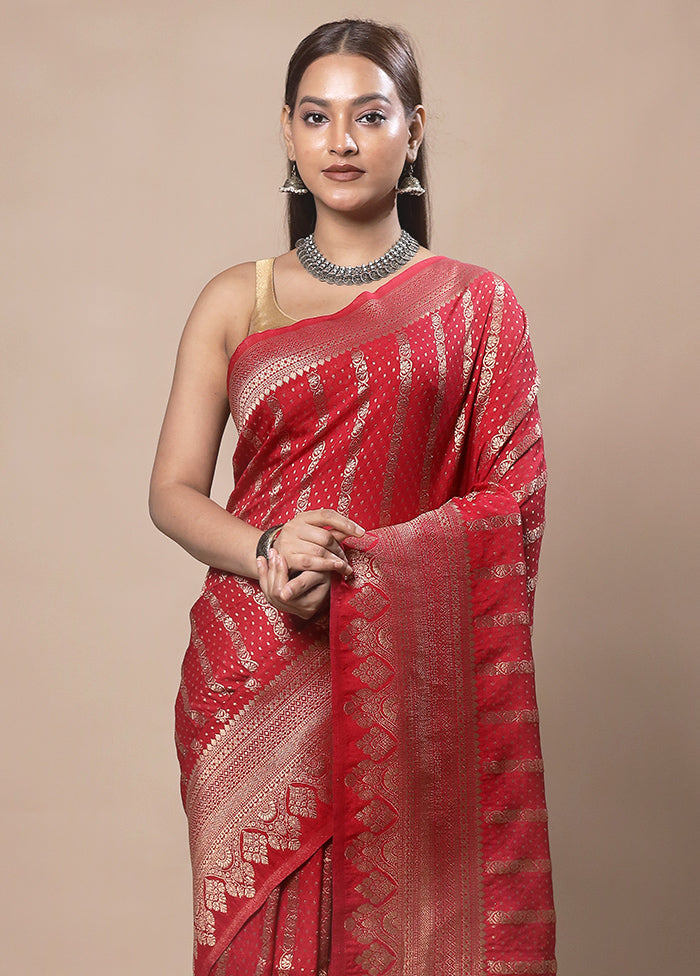 Red Dupion Silk Saree With Blouse Piece