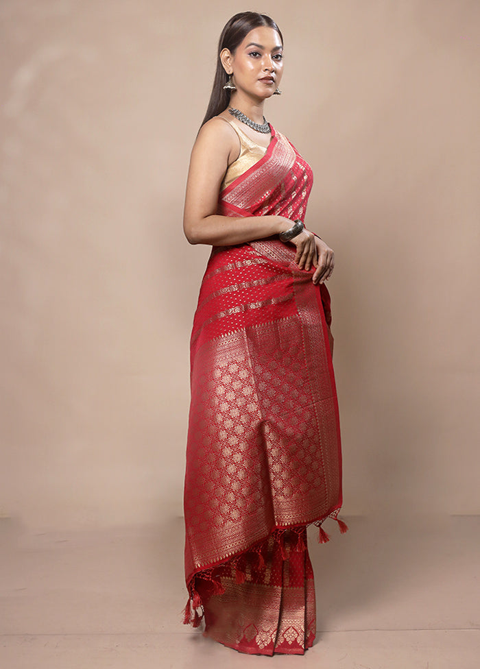 Red Dupion Silk Saree With Blouse Piece