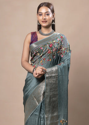 Green Tussar Silk Saree With Blouse Piece