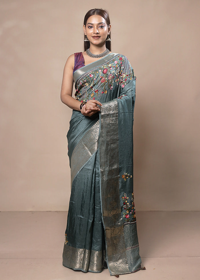 Green Tussar Silk Saree With Blouse Piece