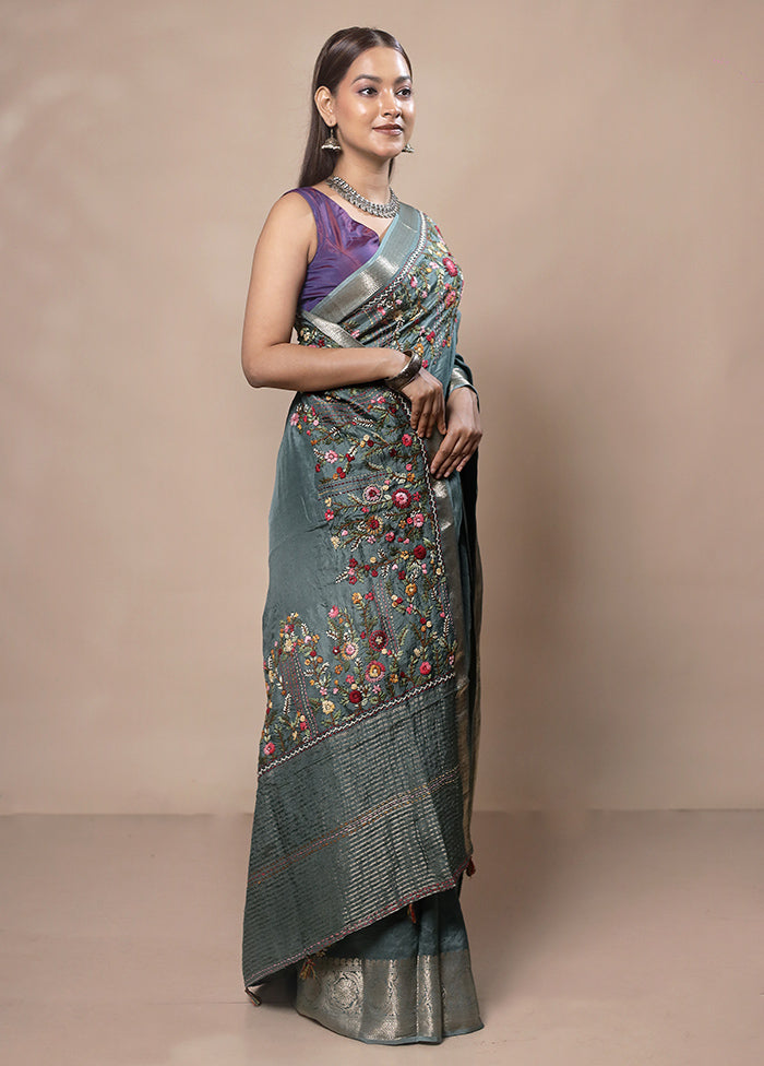 Green Tussar Silk Saree With Blouse Piece