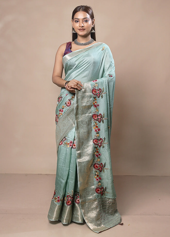 Green Tussar Silk Saree With Blouse Piece