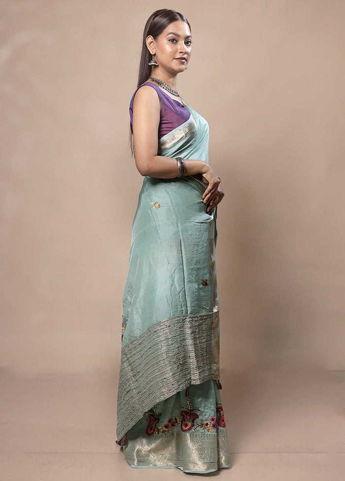 Green Tussar Silk Saree With Blouse Piece