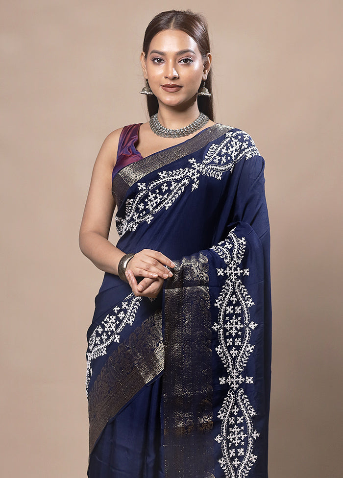 Blue Tussar Silk Saree With Blouse Piece