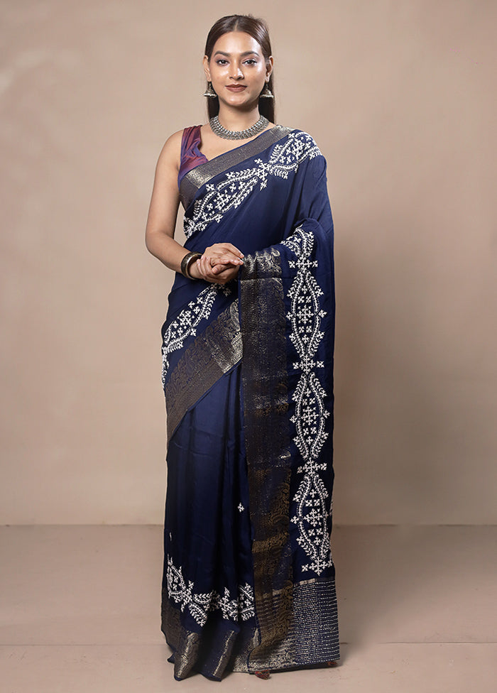 Blue Tussar Silk Saree With Blouse Piece