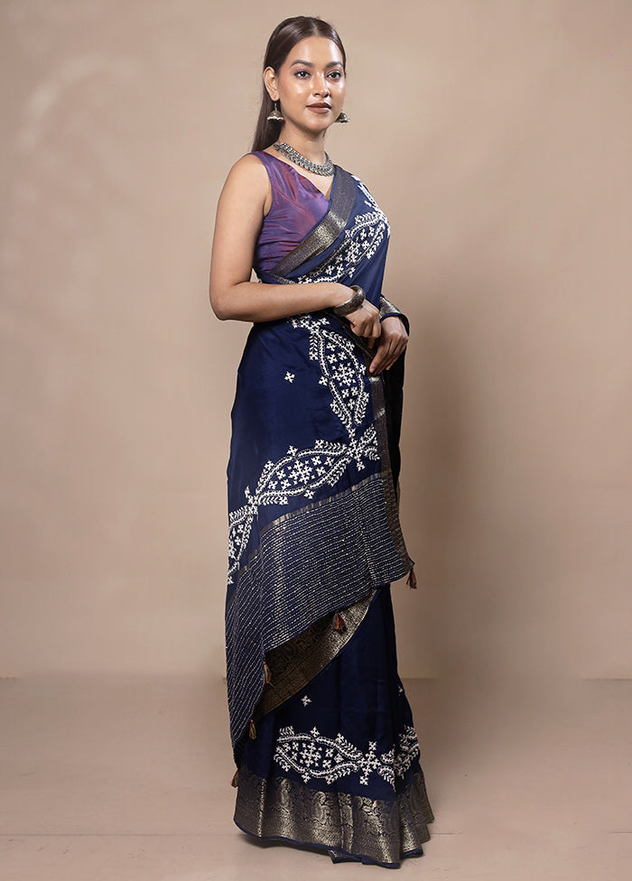 Blue Tussar Silk Saree With Blouse Piece