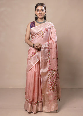 Peach Tussar Silk Saree With Blouse Piece