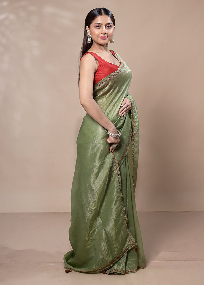 Green Crushed Tissue Silk Saree With Blouse Piece