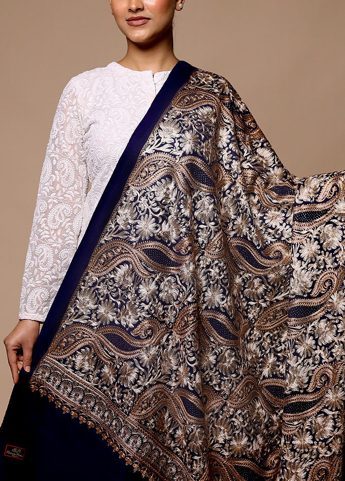 Blue Butta Work With Zari Woven Border Shawl