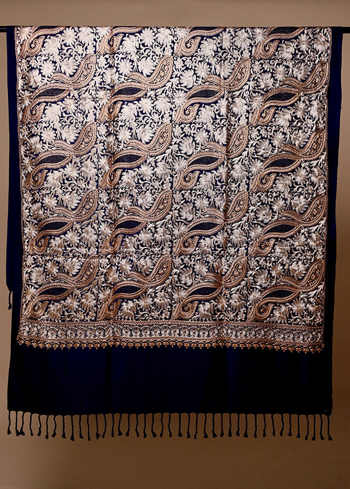 Blue Butta Work With Zari Woven Border Shawl