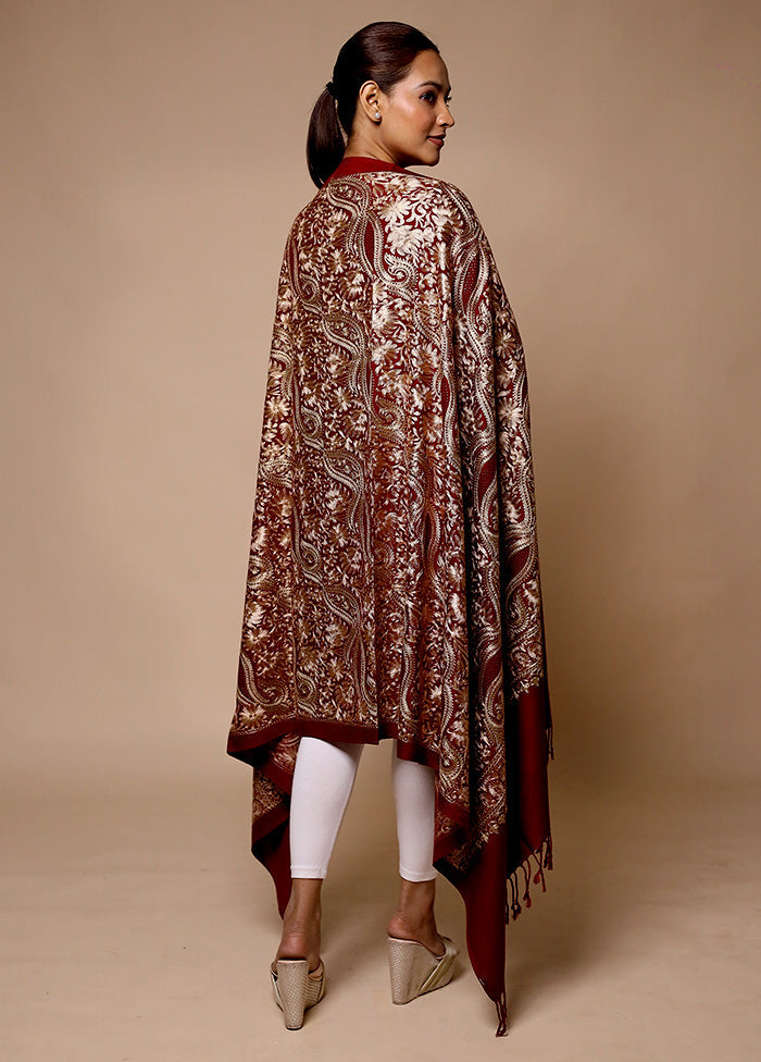 Maroon Butta Work With Zari Woven Border Shawl