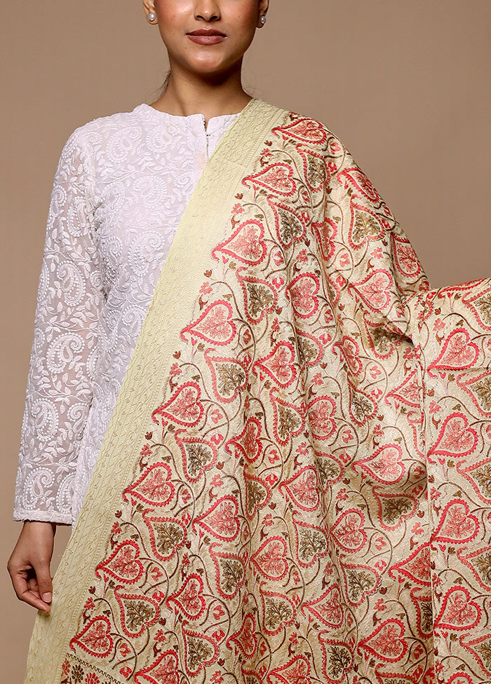 Cream Butta Work With Zari Woven Border Shawl