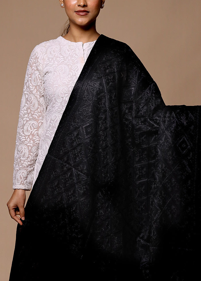 Black Butta Work With Zari Woven Border Shawl