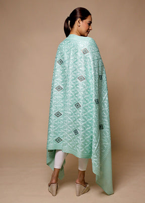 Green Butta Work With Zari Woven Border Shawl