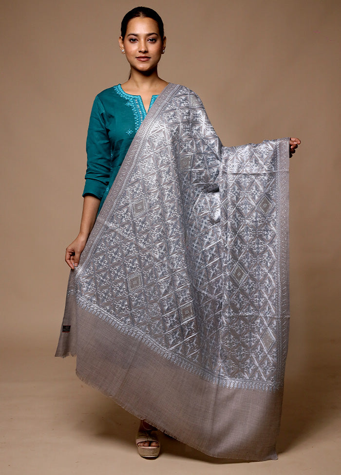 Grey Butta Work With Zari Woven Border Shawl