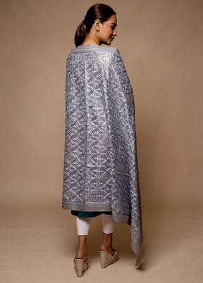 Grey Butta Work With Zari Woven Border Shawl