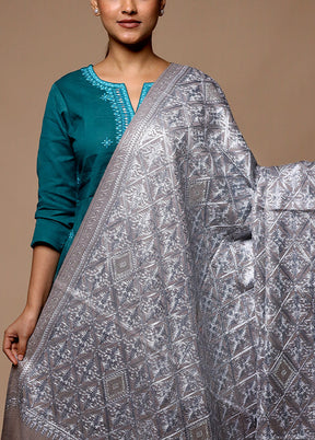 Grey Butta Work With Zari Woven Border Shawl