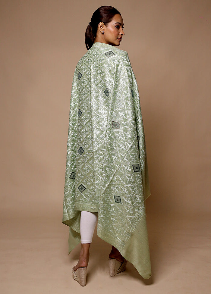 Green Butta Work With Zari Woven Border Shawl