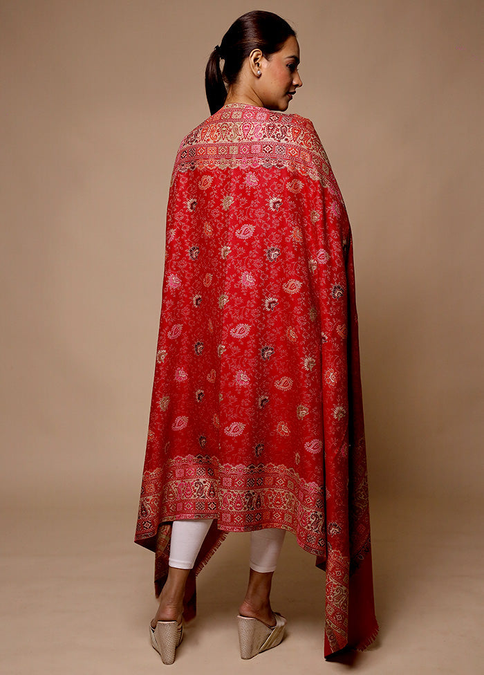 Red Butta Work With Zari Woven Border Shawl