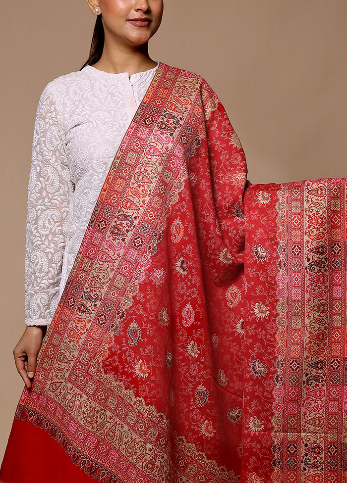 Red Butta Work With Zari Woven Border Shawl