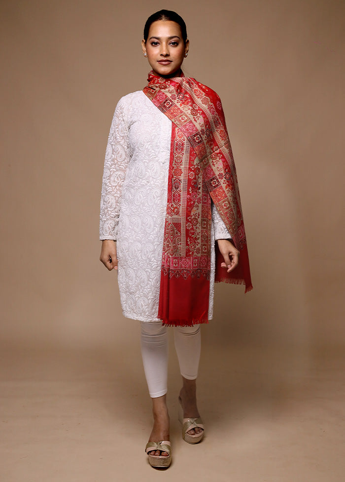 Red Butta Work With Zari Woven Border Shawl