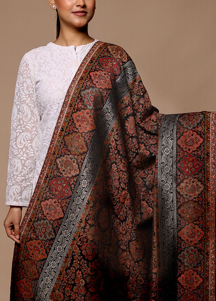 Black Butta Work With Zari Woven Border Shawl