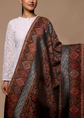 Black Butta Work With Zari Woven Border Shawl