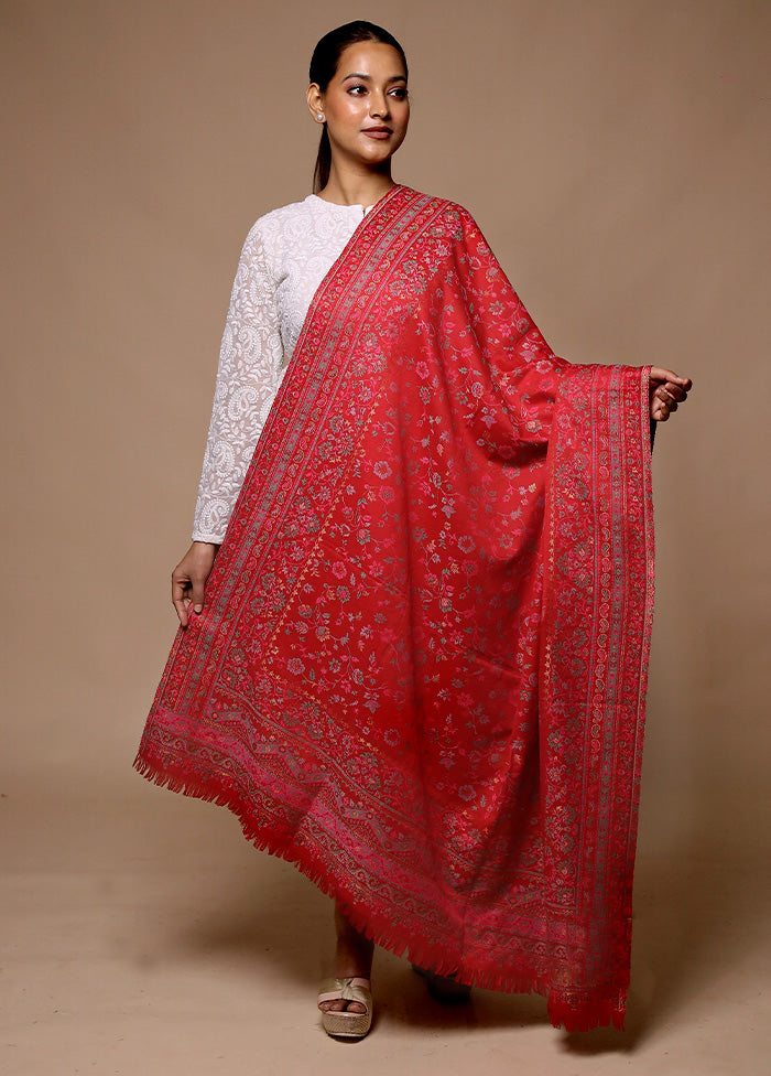 Red Butta Work With Zari Woven Border Shawl